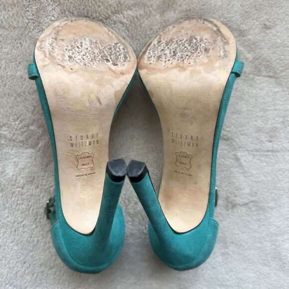 Stuart Weitzman Nudist Turquoise Teal Suede Stiletto Heeled Sandals Women 5 M - Picture 15 of 16